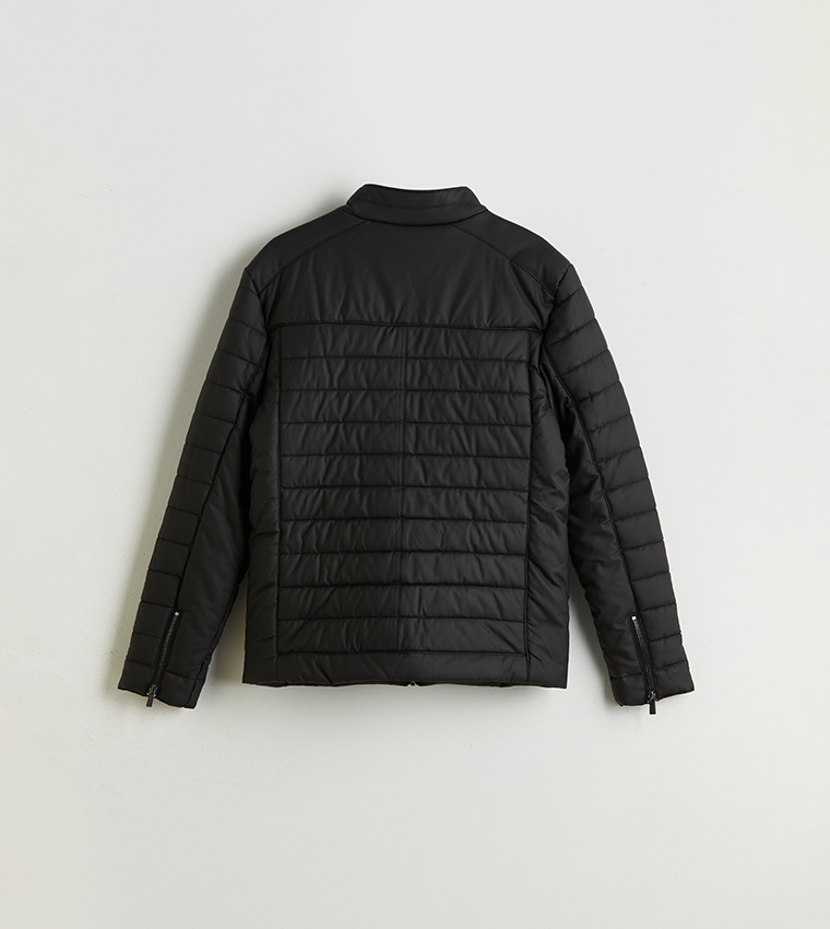 VISION Solid Slim Fit Faux Leather Puffer Jacket