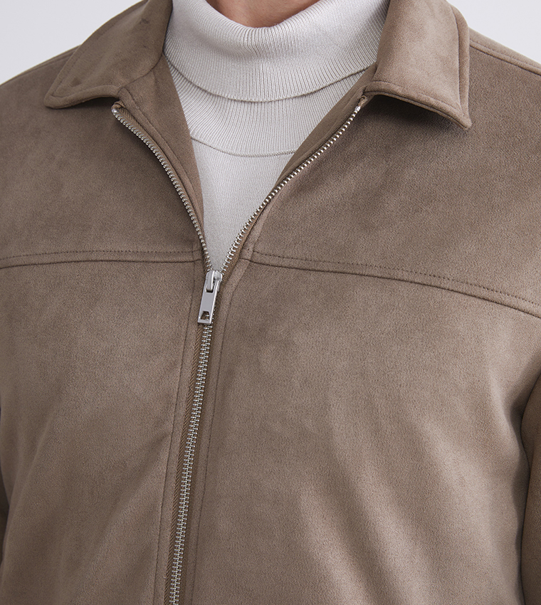 Zippered Long Sleeves Suede Jacket
