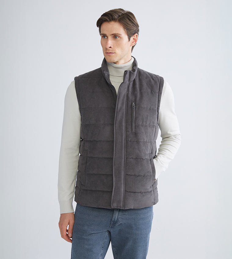 Zippered High Neck Suede Gilet