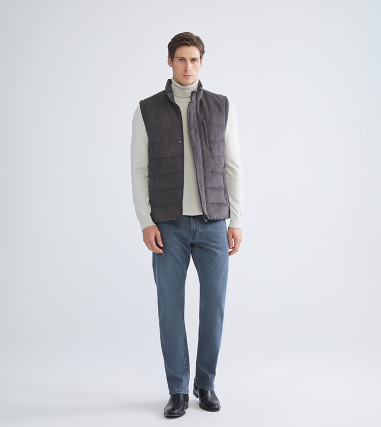 Zippered High Neck Suede Gilet
