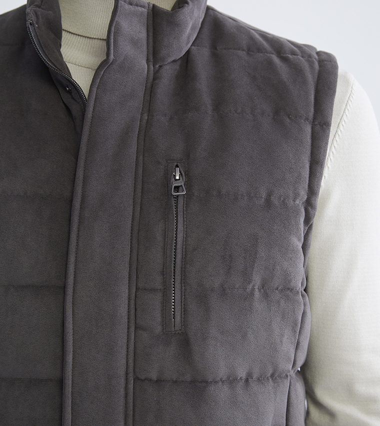 Zippered High Neck Suede Gilet