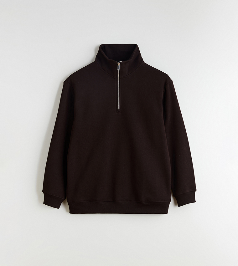 Zippered Funnel Neck Thick Sweatshirt