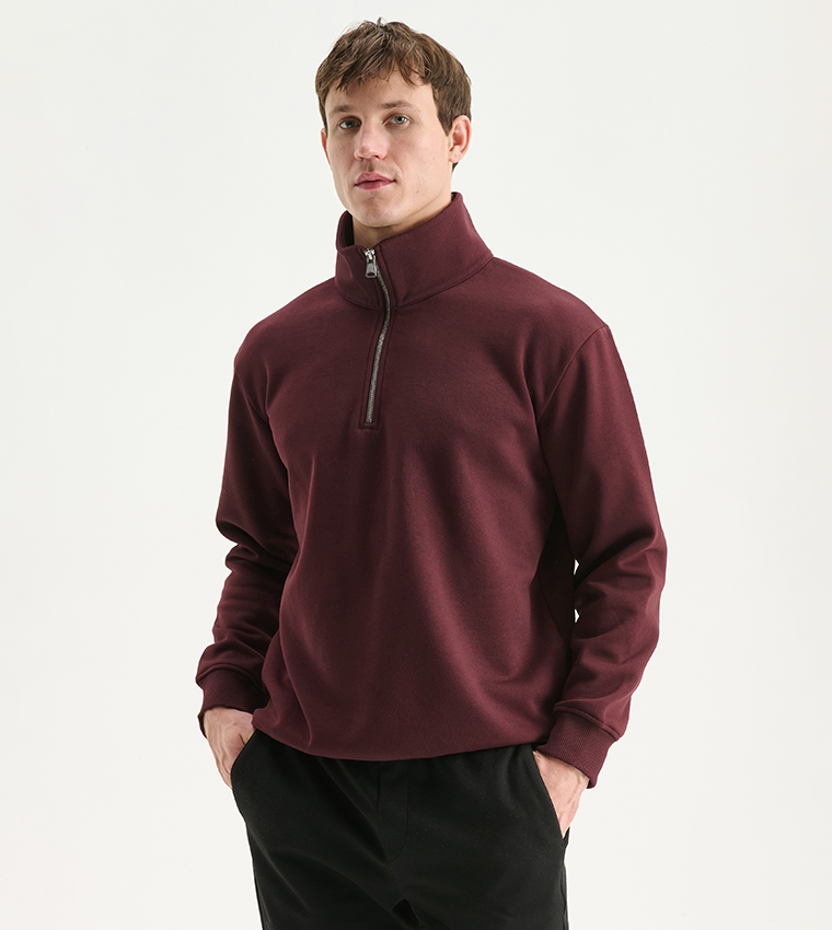 Zippered Funnel Neck Thick Sweatshirt
