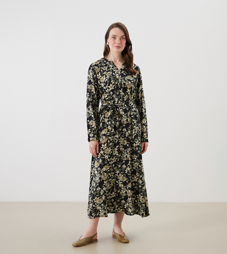 Printed Long Sleeves Midi Dress