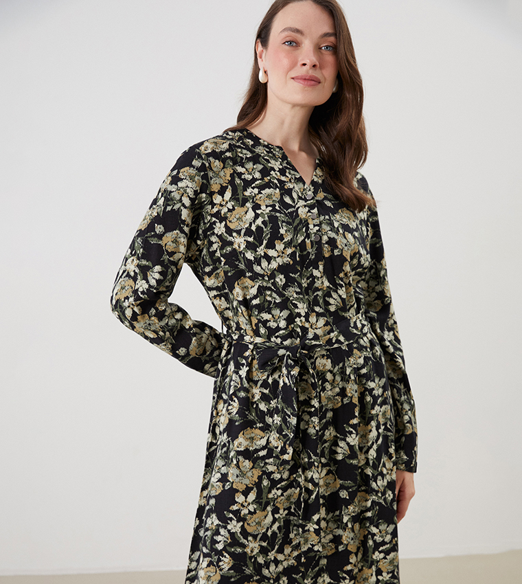 Printed Long Sleeves Midi Dress