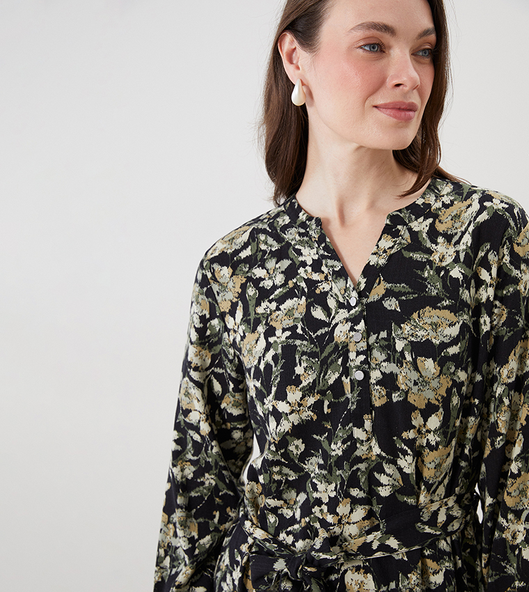 Printed Long Sleeves Midi Dress