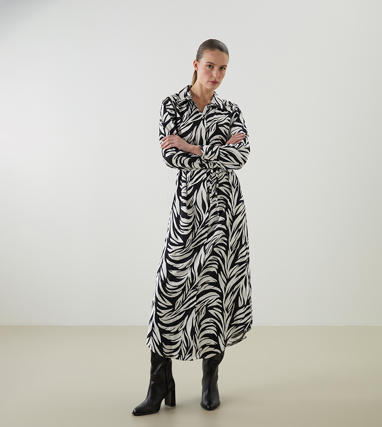 Patterned Figured Waistband Shirt Dress