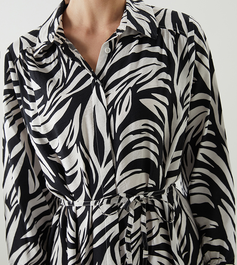 Patterned Figured Waistband Shirt Dress