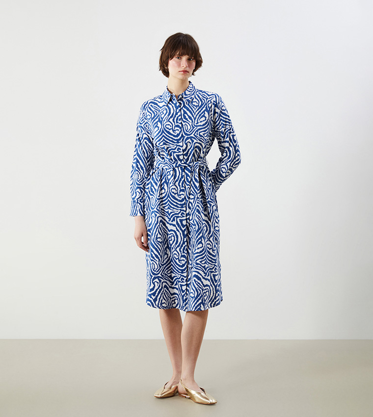 Printed Figured Waistband Midi Shirt Dress