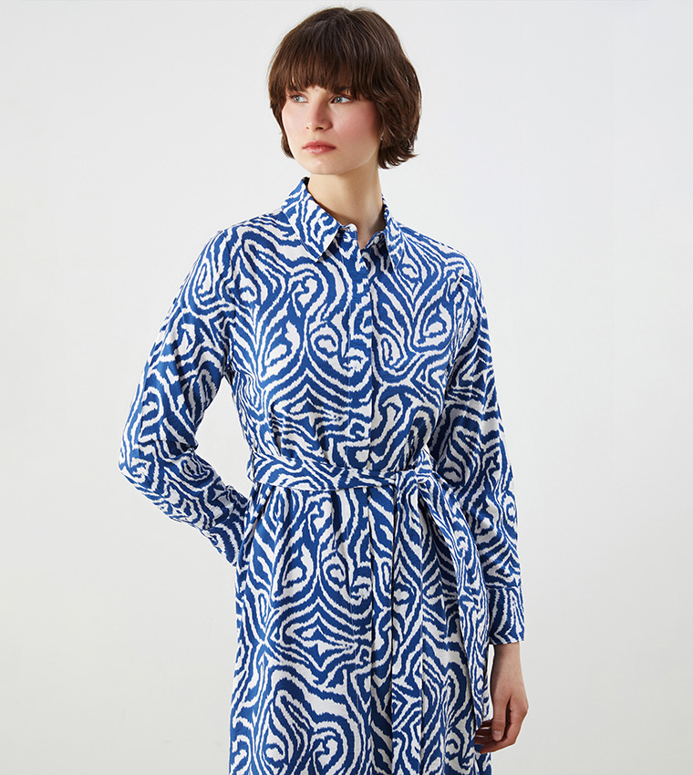 Printed Figured Waistband Midi Shirt Dress