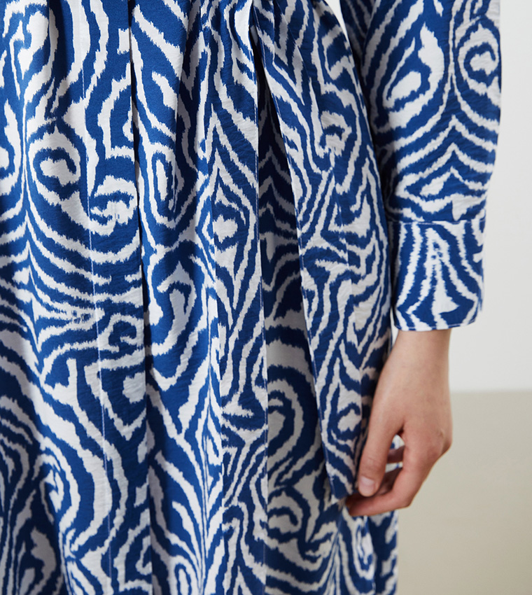 Printed Figured Waistband Midi Shirt Dress