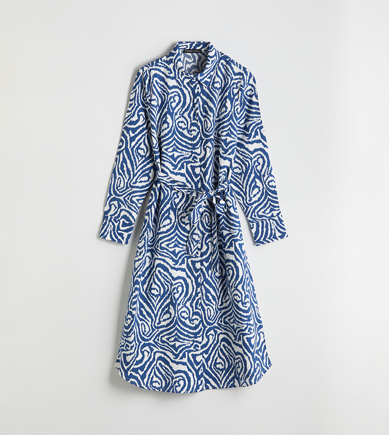Printed Figured Waistband Midi Shirt Dress