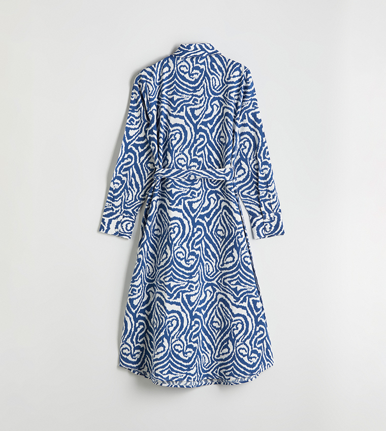 Printed Figured Waistband Midi Shirt Dress