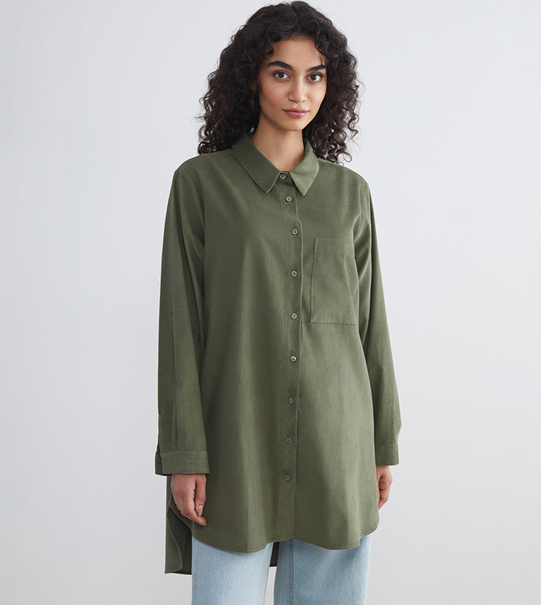 Solid Corduroy Long Sleeves Shirt Tunic