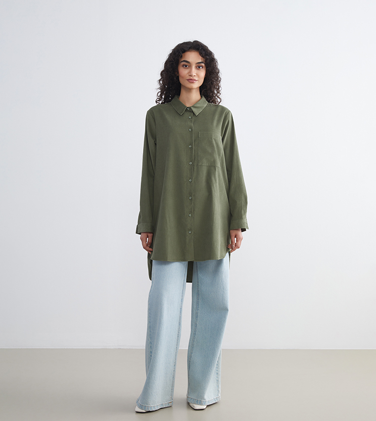 Solid Corduroy Long Sleeves Shirt Tunic