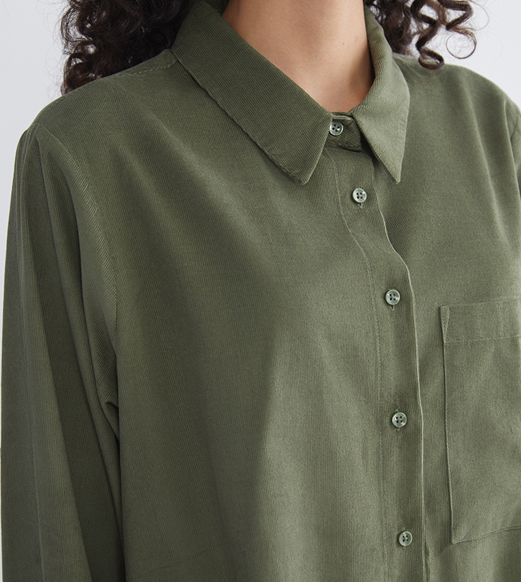 Solid Corduroy Long Sleeves Shirt Tunic