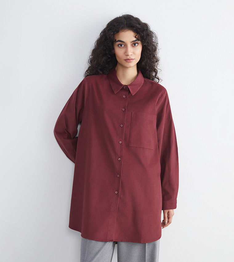 Solid Corduroy Long Sleeves Shirt Tunic