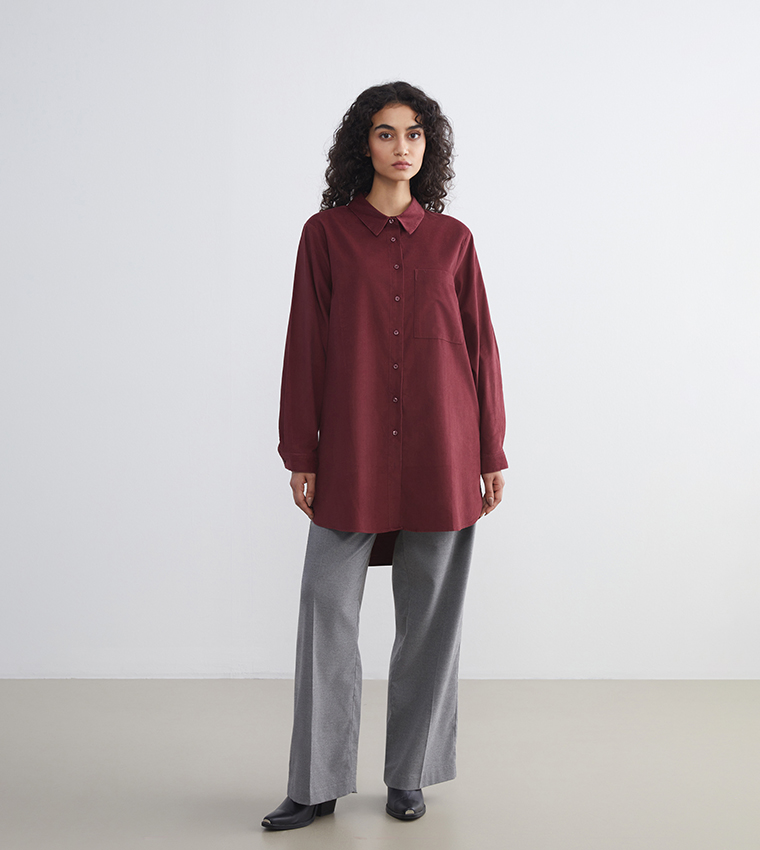 Solid Corduroy Long Sleeves Shirt Tunic