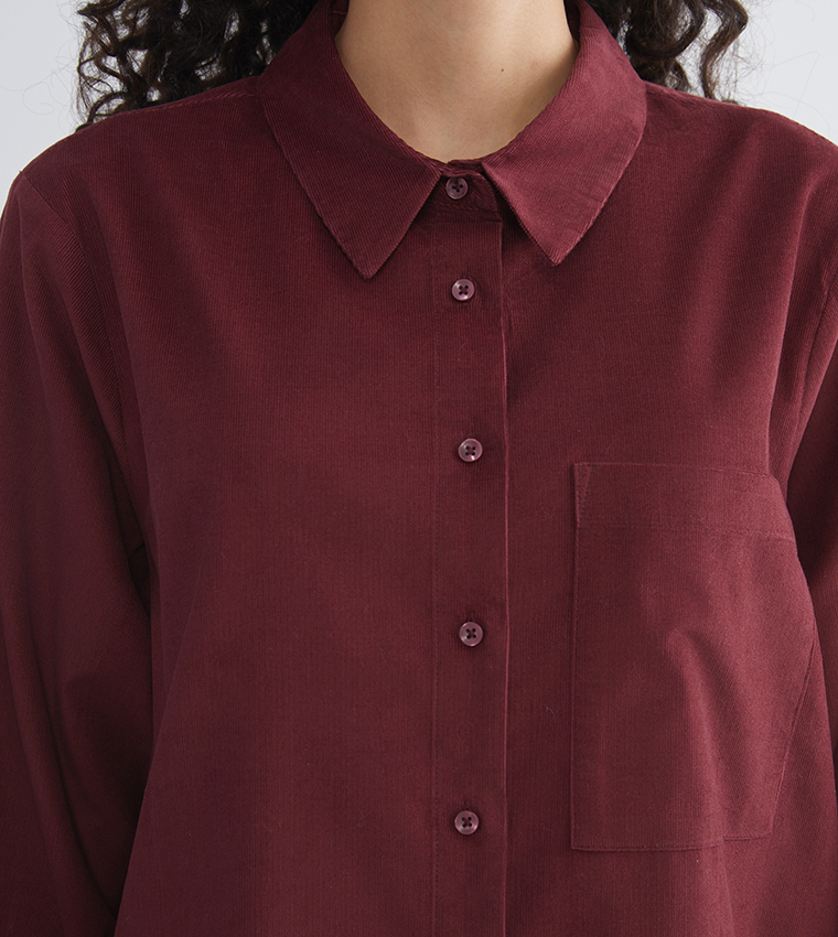 Solid Corduroy Long Sleeves Shirt Tunic