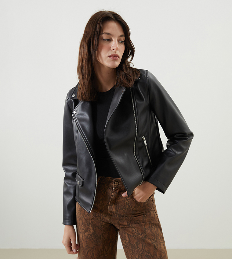 Buy LC Waikiki Biker Neck Faux Leather Jacket In Black 6thStreet