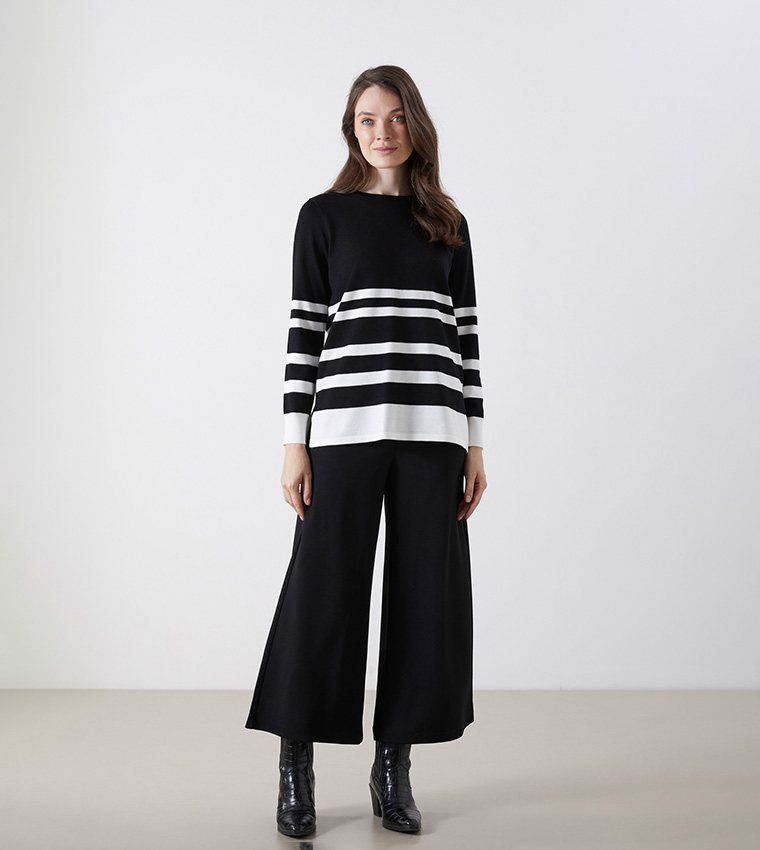 Solid Elastic Waist Wide Leg Trousers