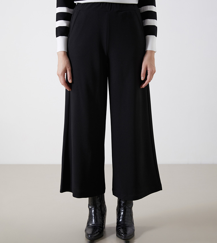 Solid Elastic Waist Wide Leg Trousers