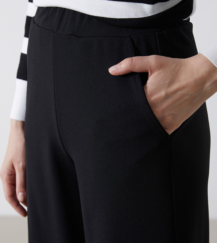 Solid Elastic Waist Wide Leg Trousers