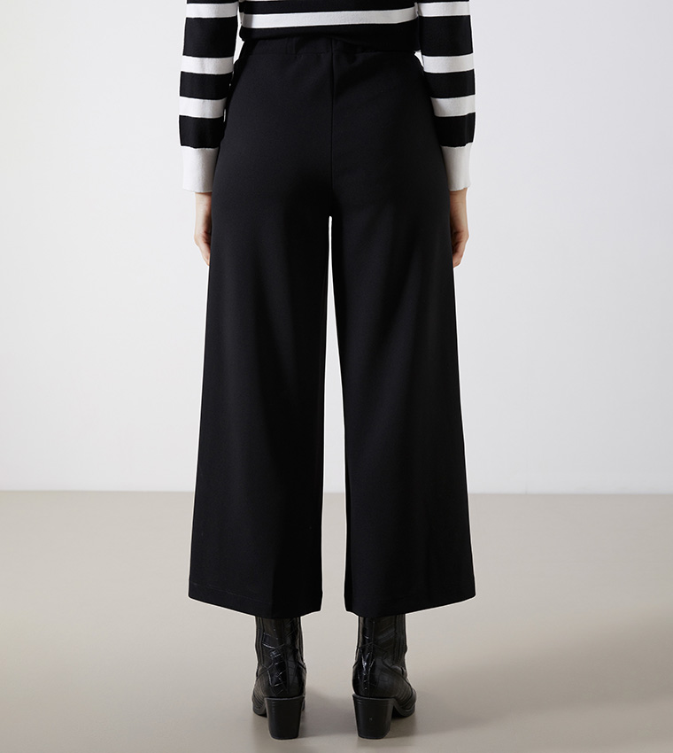 Solid Elastic Waist Wide Leg Trousers