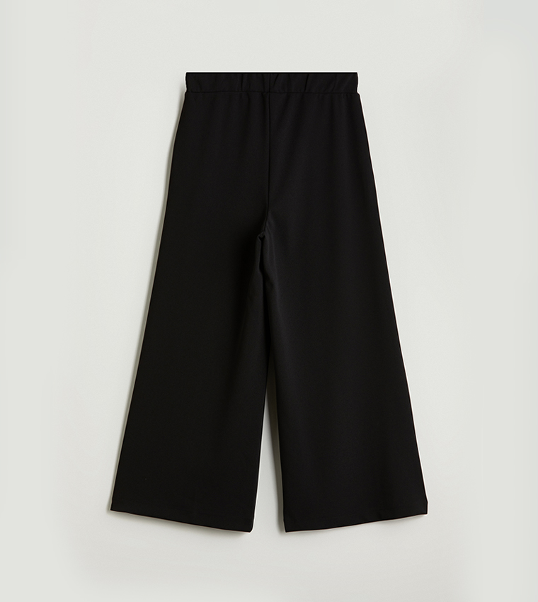 Solid Elastic Waist Wide Leg Trousers