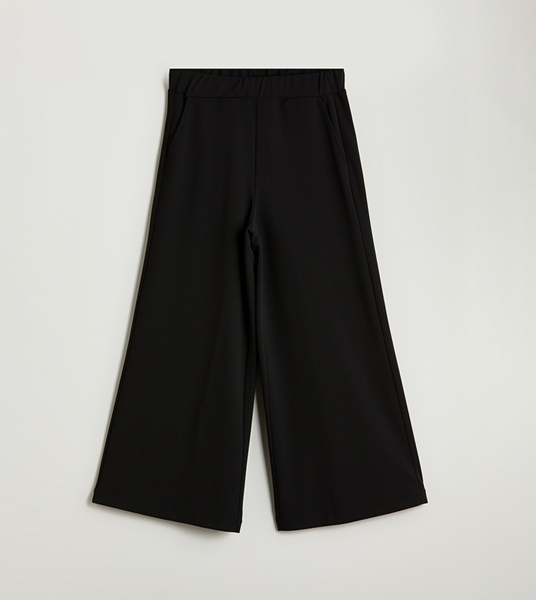 Solid Elastic Waist Wide Leg Trousers