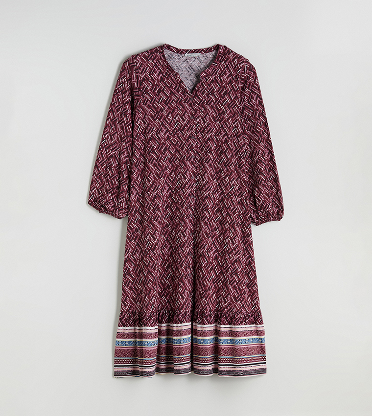 Patterned Long Sleeves Midi Dress