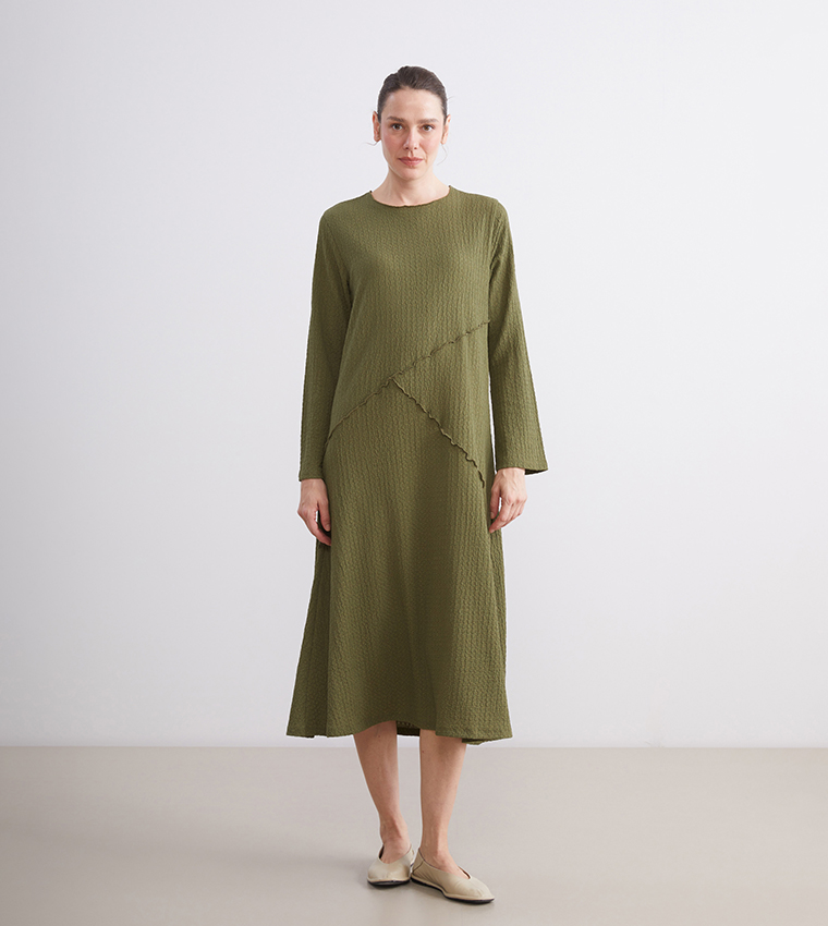 Buy LC Waikiki Textured Long Sleeves Midi Dress In Khaki