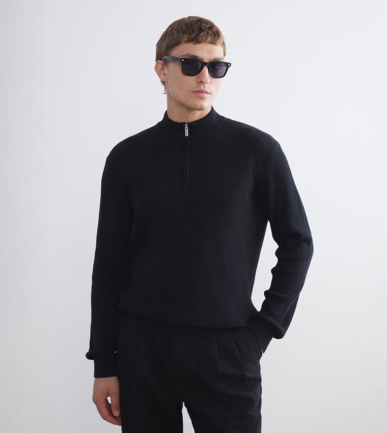 Half-Zippered Funnel Neck Knit Sweater