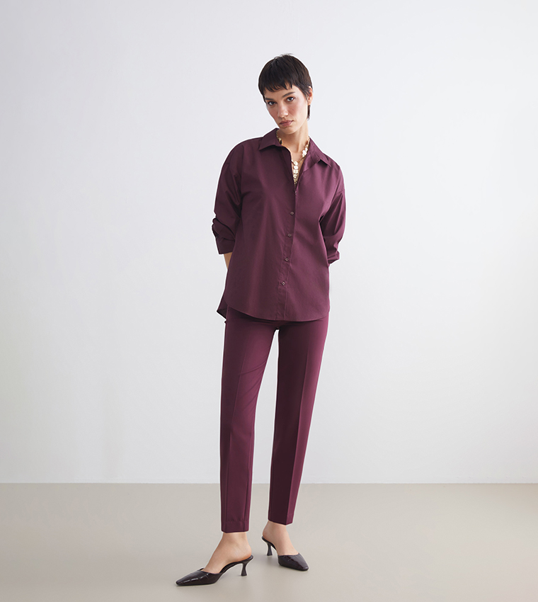 Solid High Waist Slim Fit Trousers