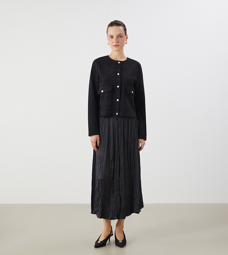 Solid Crew Neck Front Pocket Jacket