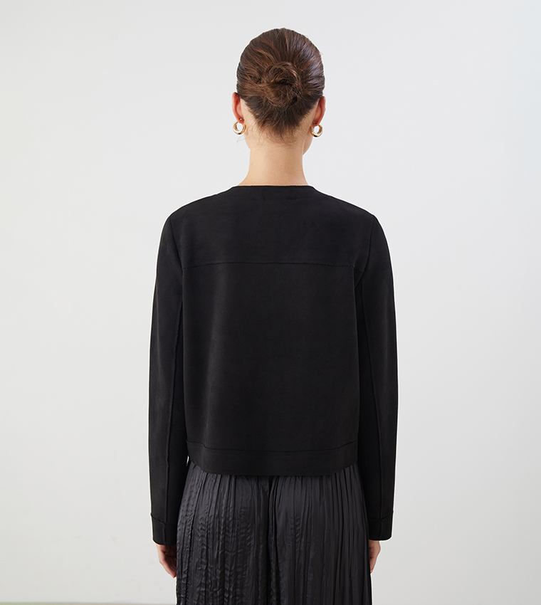 Solid Crew Neck Front Pocket Jacket