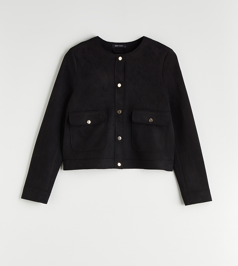 Solid Crew Neck Front Pocket Jacket