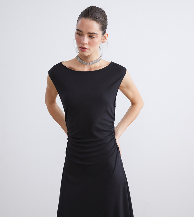 Ruched Boat Neck Midi Dress