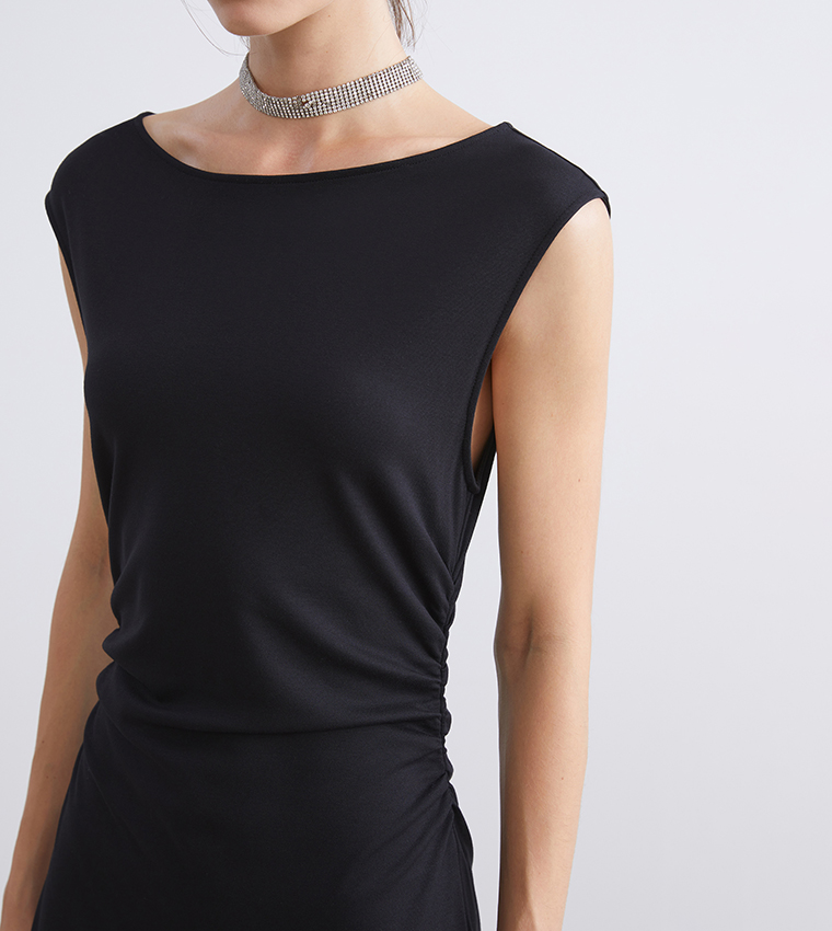 Ruched Boat Neck Midi Dress