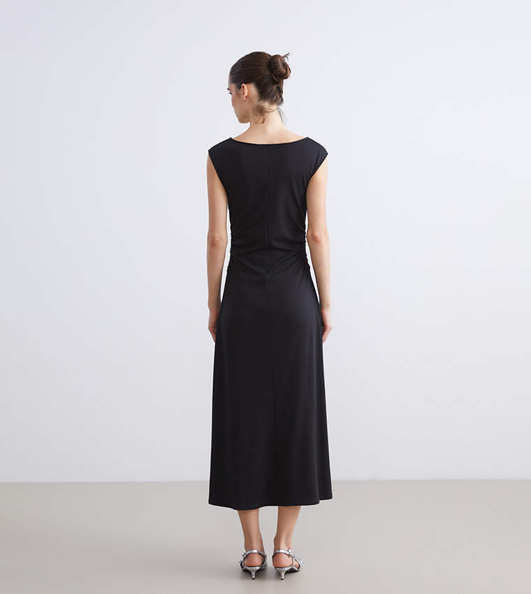 Ruched Boat Neck Midi Dress