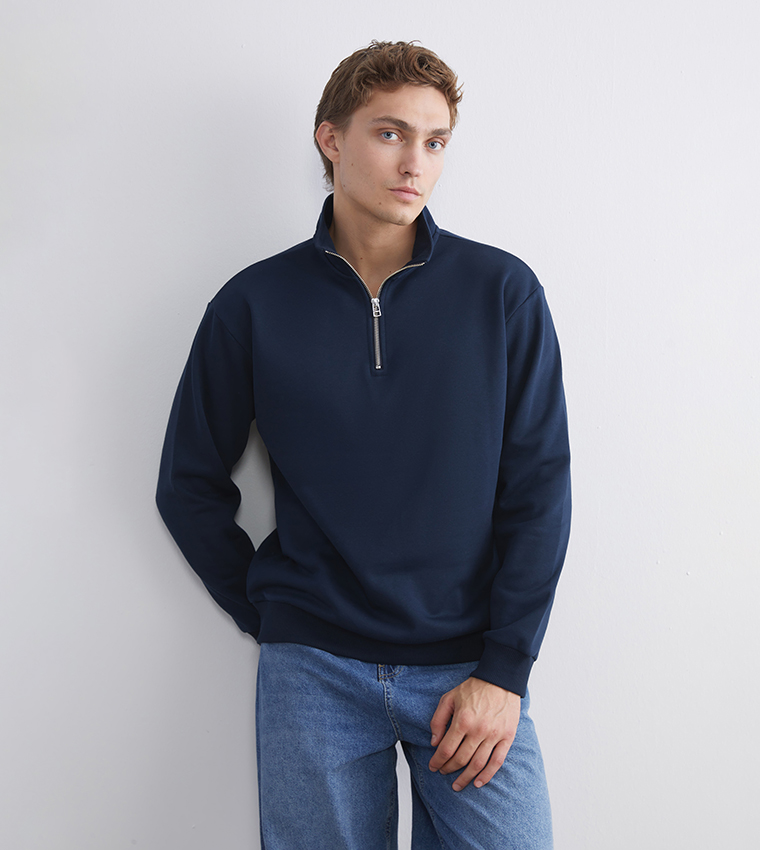 Solid High Neck Half-Zipper Sweatshirt