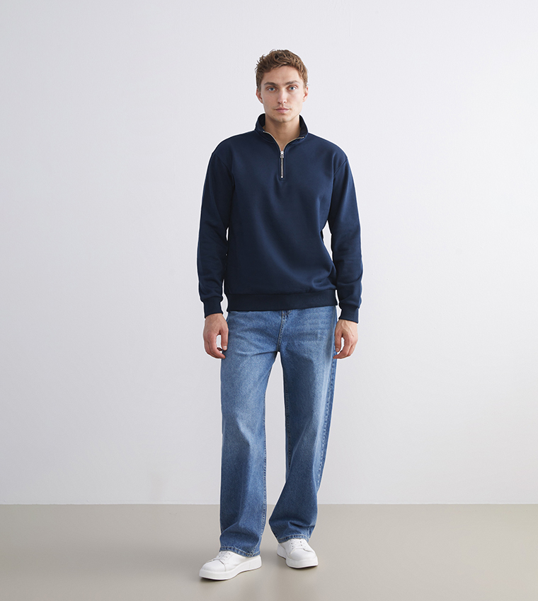 Solid High Neck Half-Zipper Sweatshirt