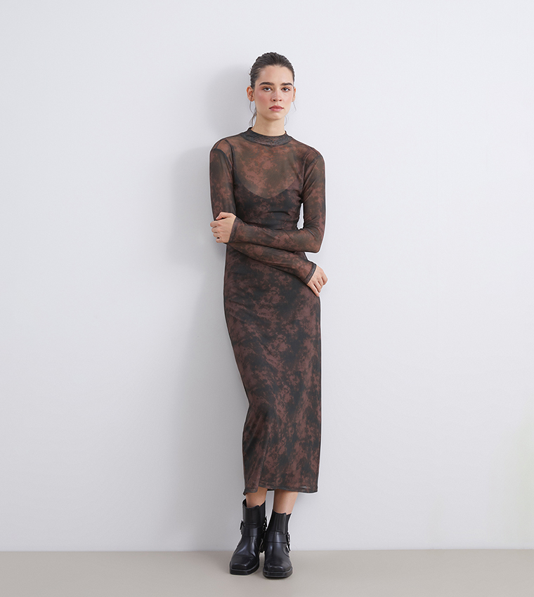 Patterned Mock Neck Midi Dress
