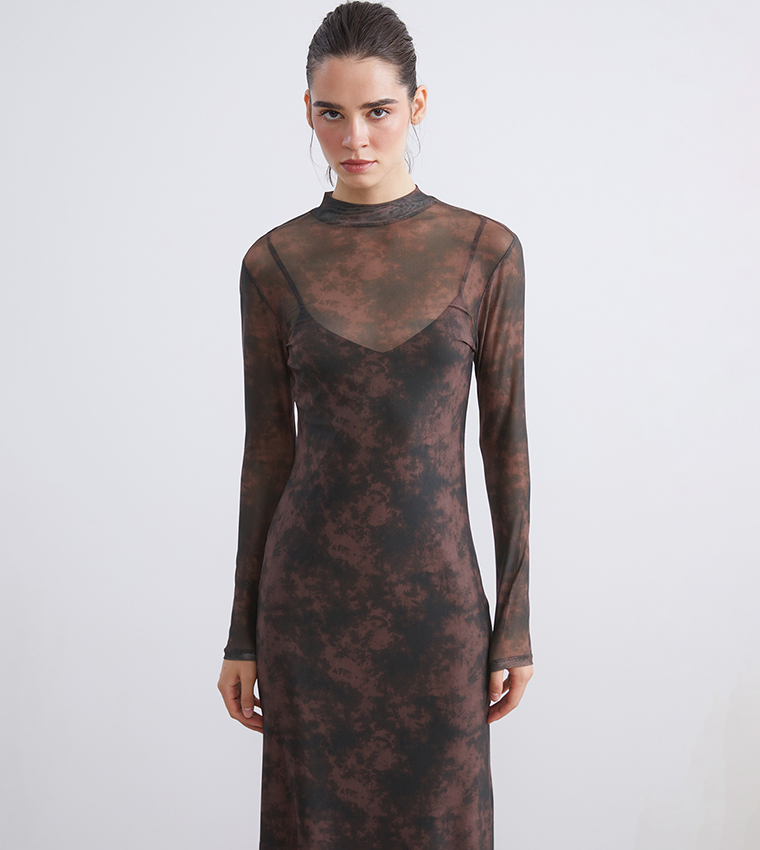 Patterned Mock Neck Midi Dress