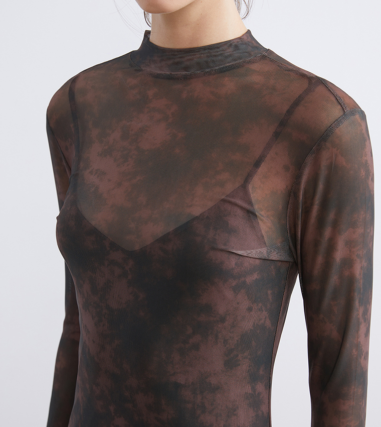 Patterned Mock Neck Midi Dress