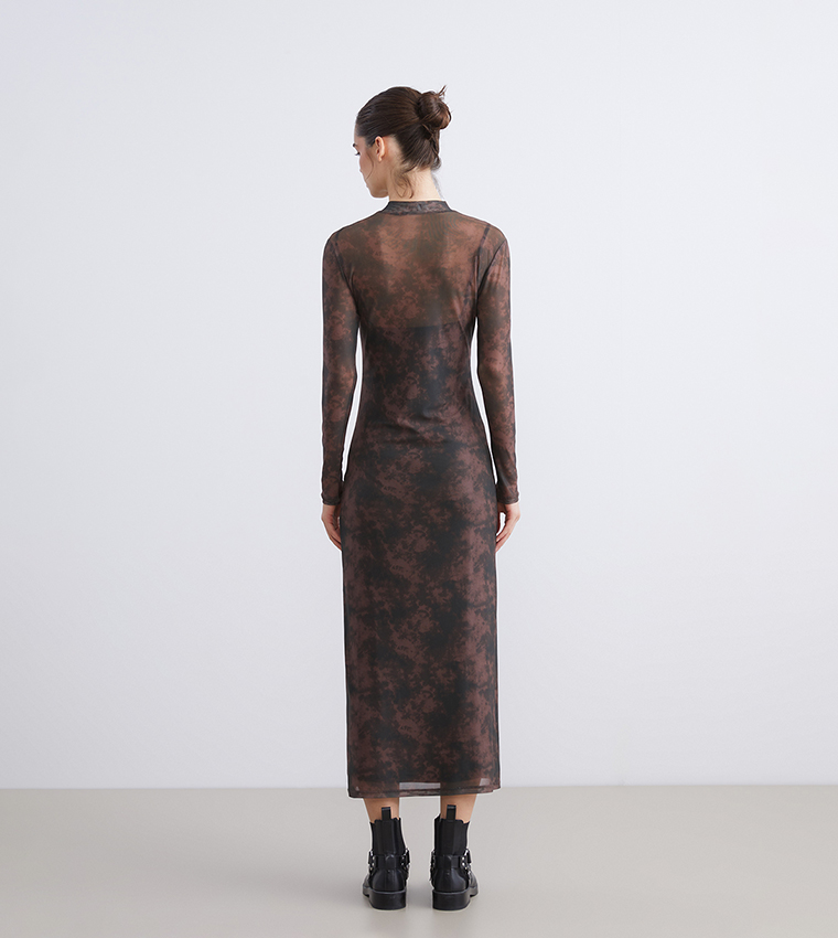 Patterned Mock Neck Midi Dress