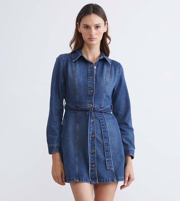 Washed Long Sleeves Mini Denim Dress