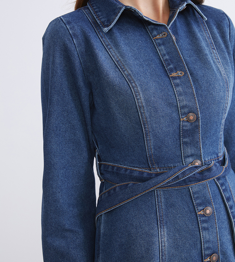 Washed Long Sleeves Mini Denim Dress