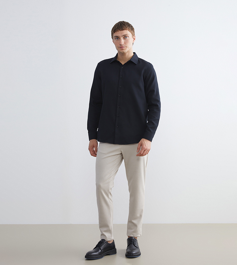 Solid Slim Fit Long Sleeves Dobby Shirt
