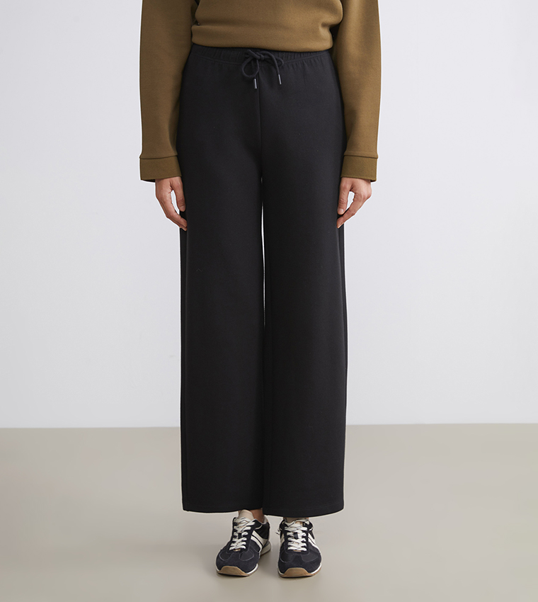 Solid Drawstring Waist Jersey Wide Leg Trousers